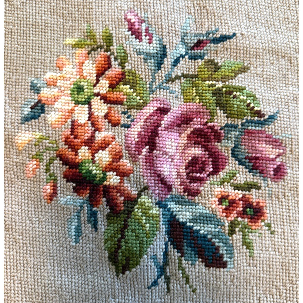 Vintage Started Bucilla Decorator Needlepoint Canvas Floral Rose Preworked 22x22